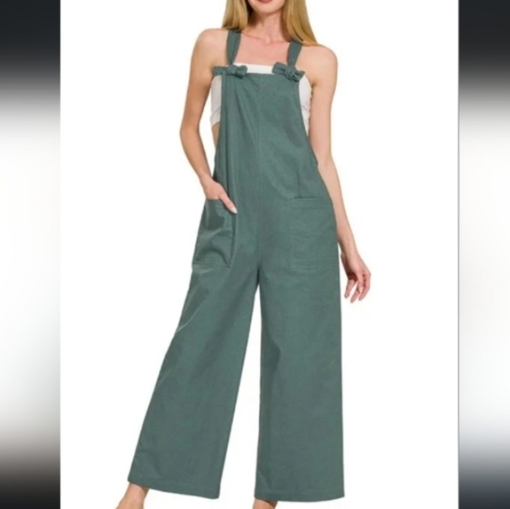 New Dark Olive Knotted Wide Leg Stretch Cotton Overall Jumpsuit - Picture 11 of 11